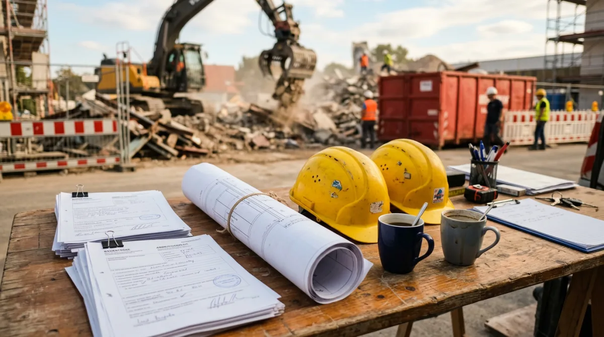 Abbruchkonzept einer Hamburger Baustelle: Formulare, Bauplan und Containerlogistik auf dem Tisch