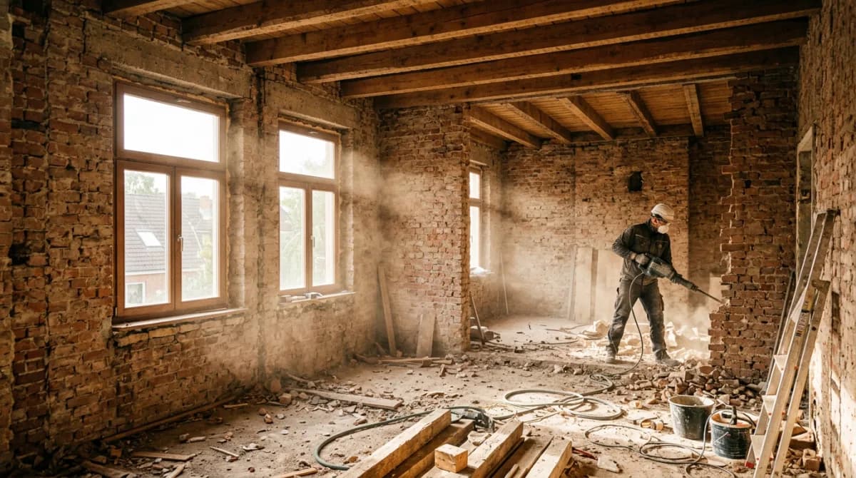 Entkernung einer Hamburger Altbauwohnung: Arbeiter bauen nichttragende Innenwand und alte Bodenbeläge ab