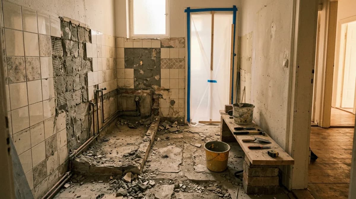 Innenausbruch: Badezimmer in einer Hamburger Wohnung wird komplett ausgebaut, Fliesen und Estrich entfernt