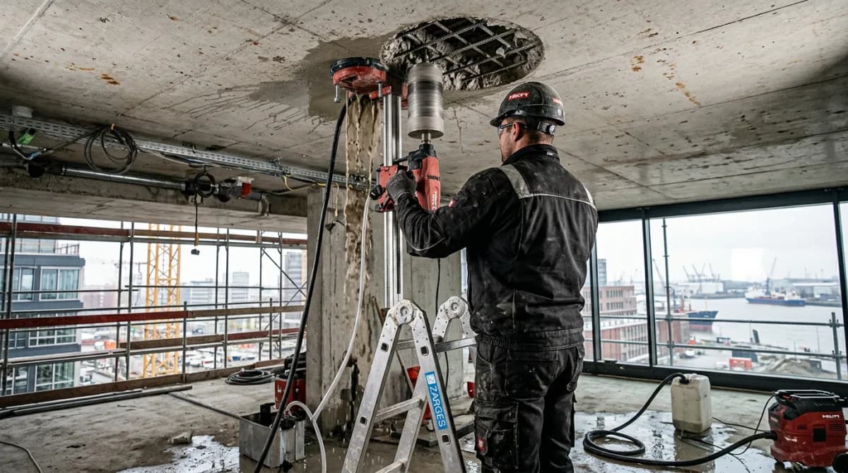 Kernbohrung in einer Stahlbetondecke einer Hamburger Baustelle, präzise runde Öffnung